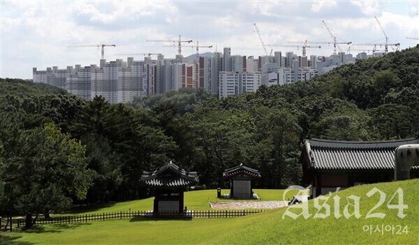 경기도 김포시 풍무동 장릉(사적 제202호)에서 인천 서구 검단신도시에 짓고 있는 아파트 단지가 보인다.